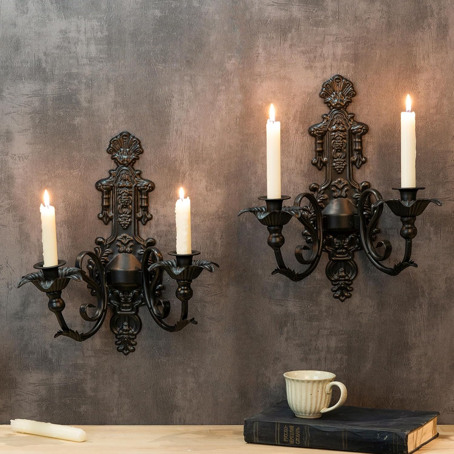 Set of 2 Metal Gothic Candle Sconces